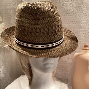 Unisex Espresso Straw Fedora Hat - Black& White Band